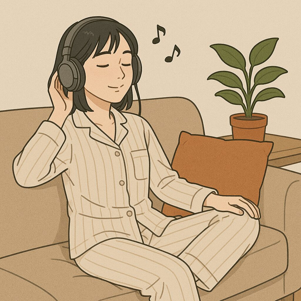 音楽を聴いてリラックスるしている女性