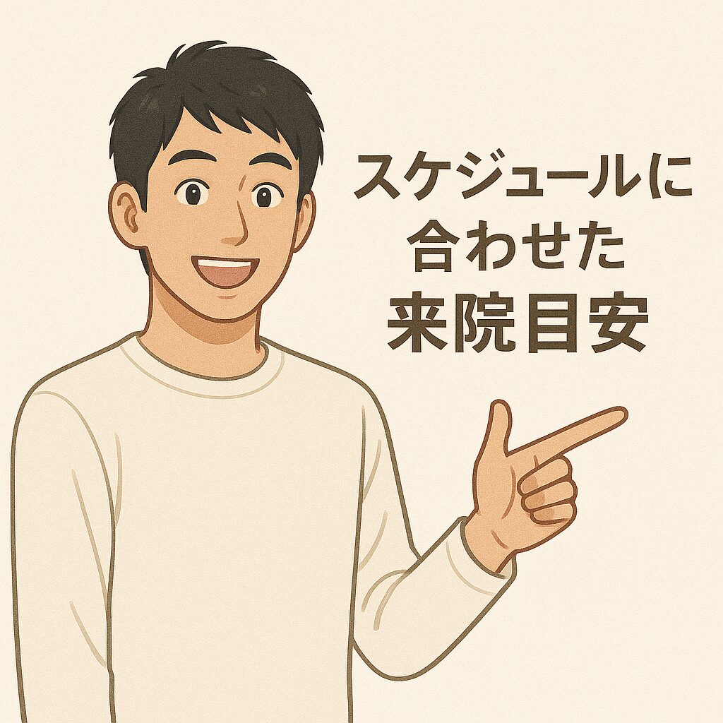 スケジュールに合わせた来院目安を指さす男性