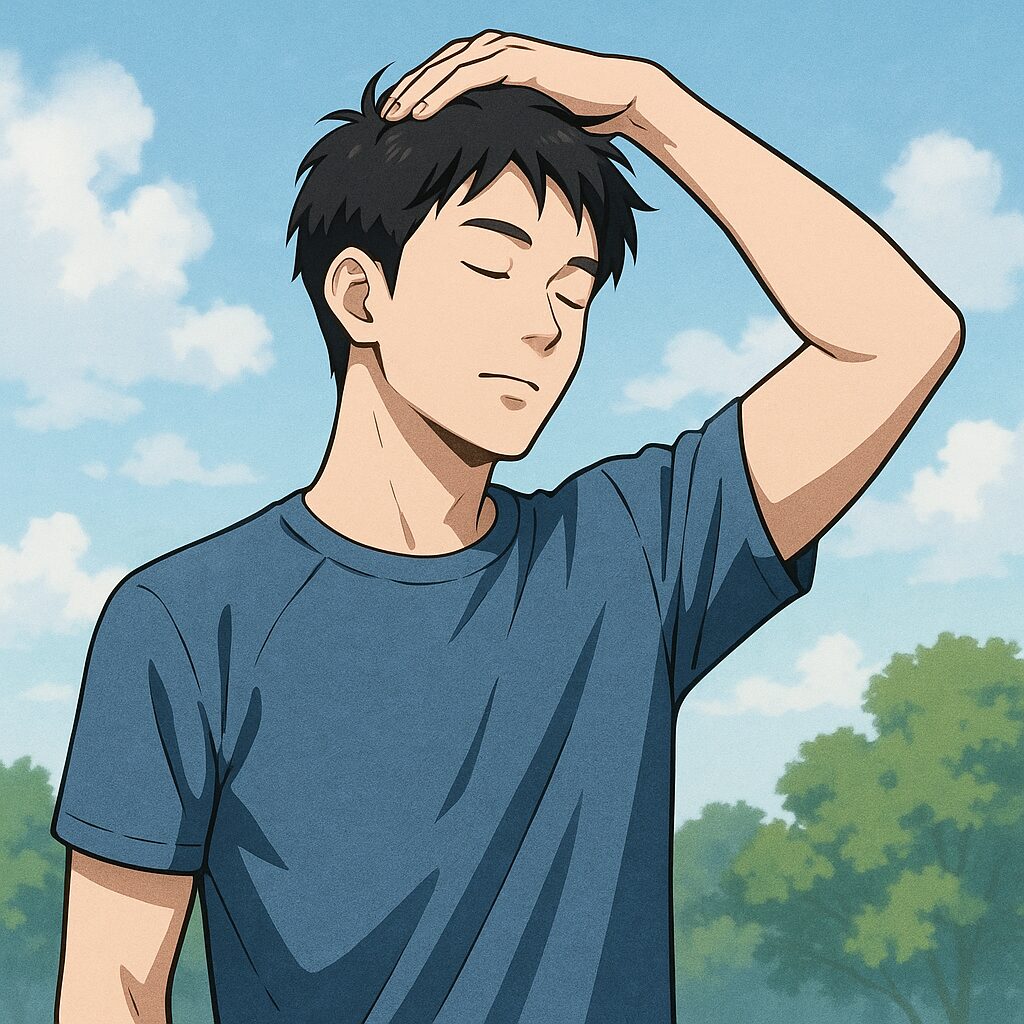 首のストレッチをしている人物のイラスト、または写真