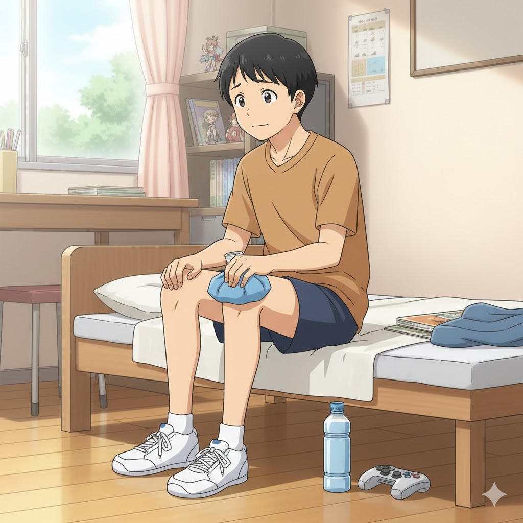 痛めた膝をアイシングしている男の子