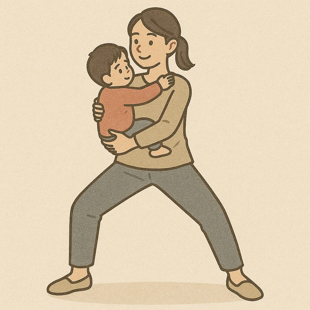 足を開いて子供を抱っこしているお母さん