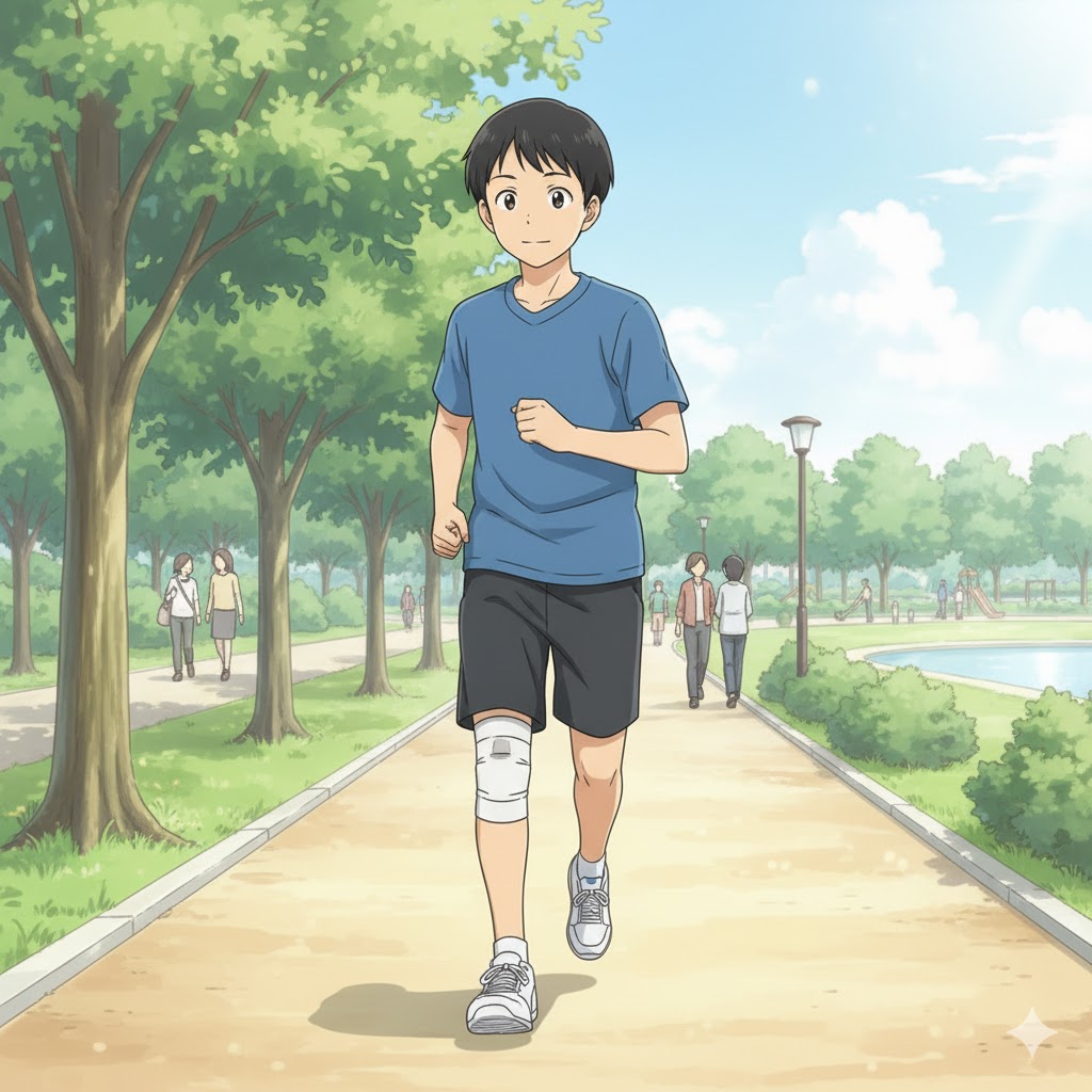 膝にサポーターをしてジョギングしている男の子