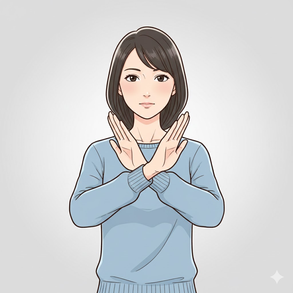 女性が身体の前で×をしている