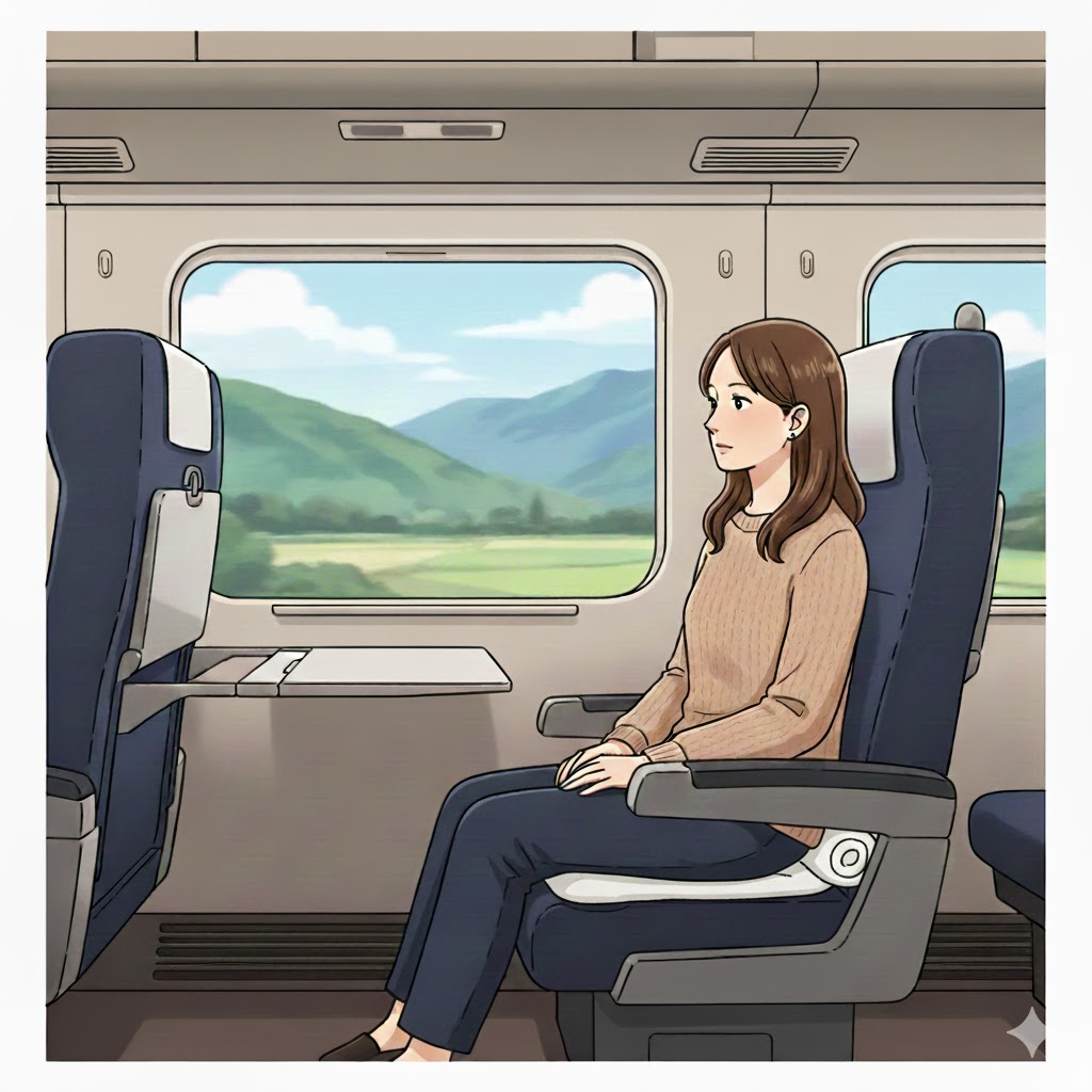 女性が新幹線に乗っている画像