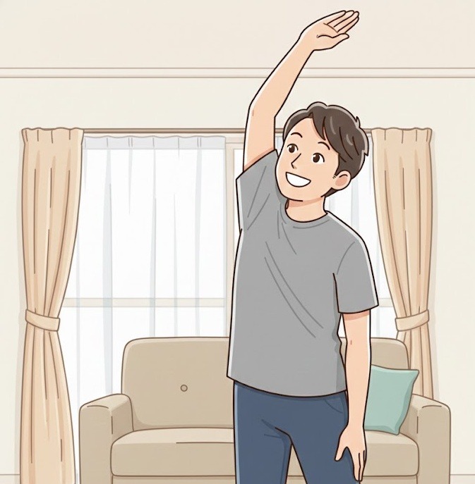 腕を上げてストレッチをしている男性