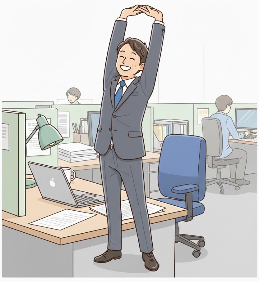 笑顔で背伸びをしている男性