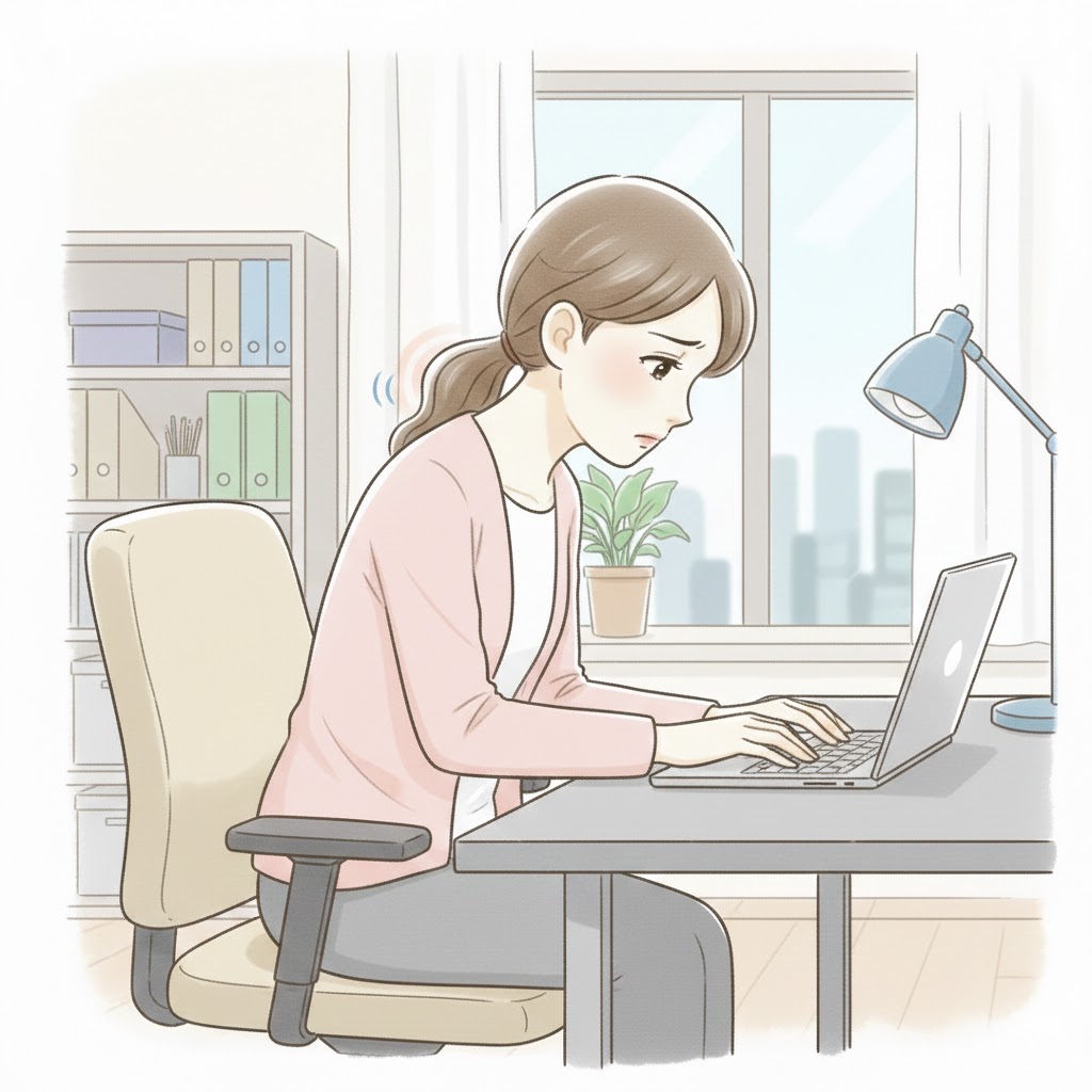 前屈みでパソコン作業をしている女性