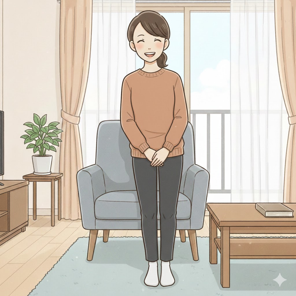椅子から笑顔で立ち上がった女性