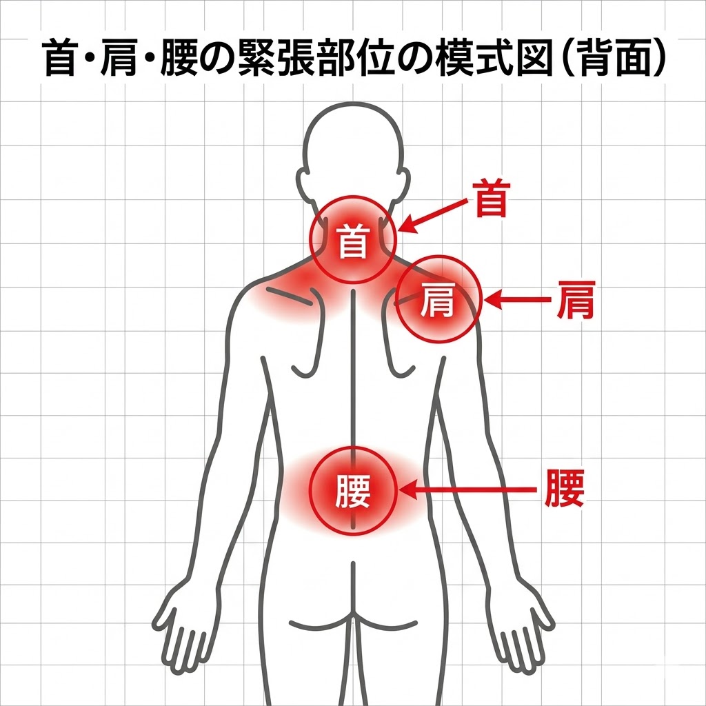 プレッシャーで首と腰に緊張が入る部位の図解