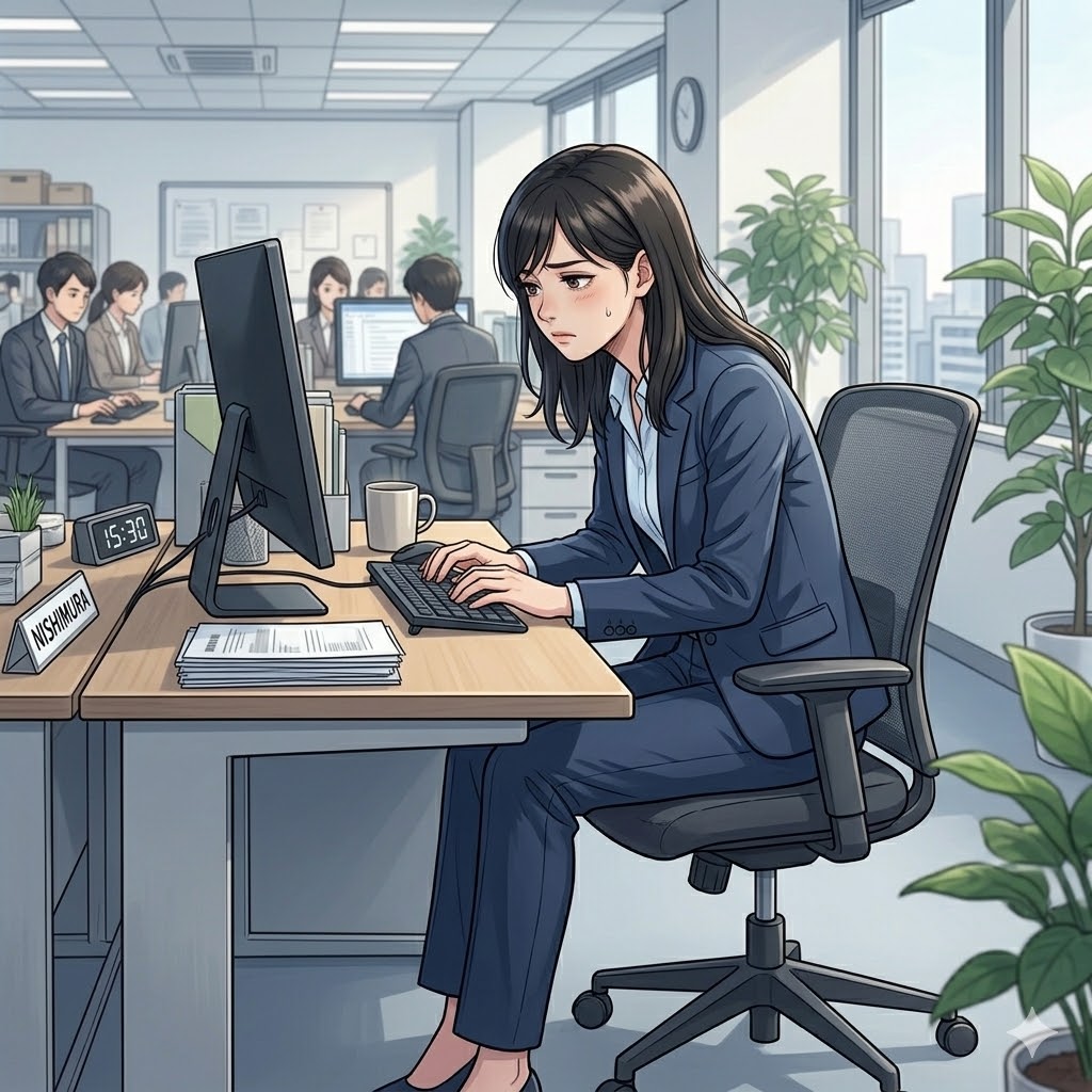 デスクワークで姿勢が崩れている様子