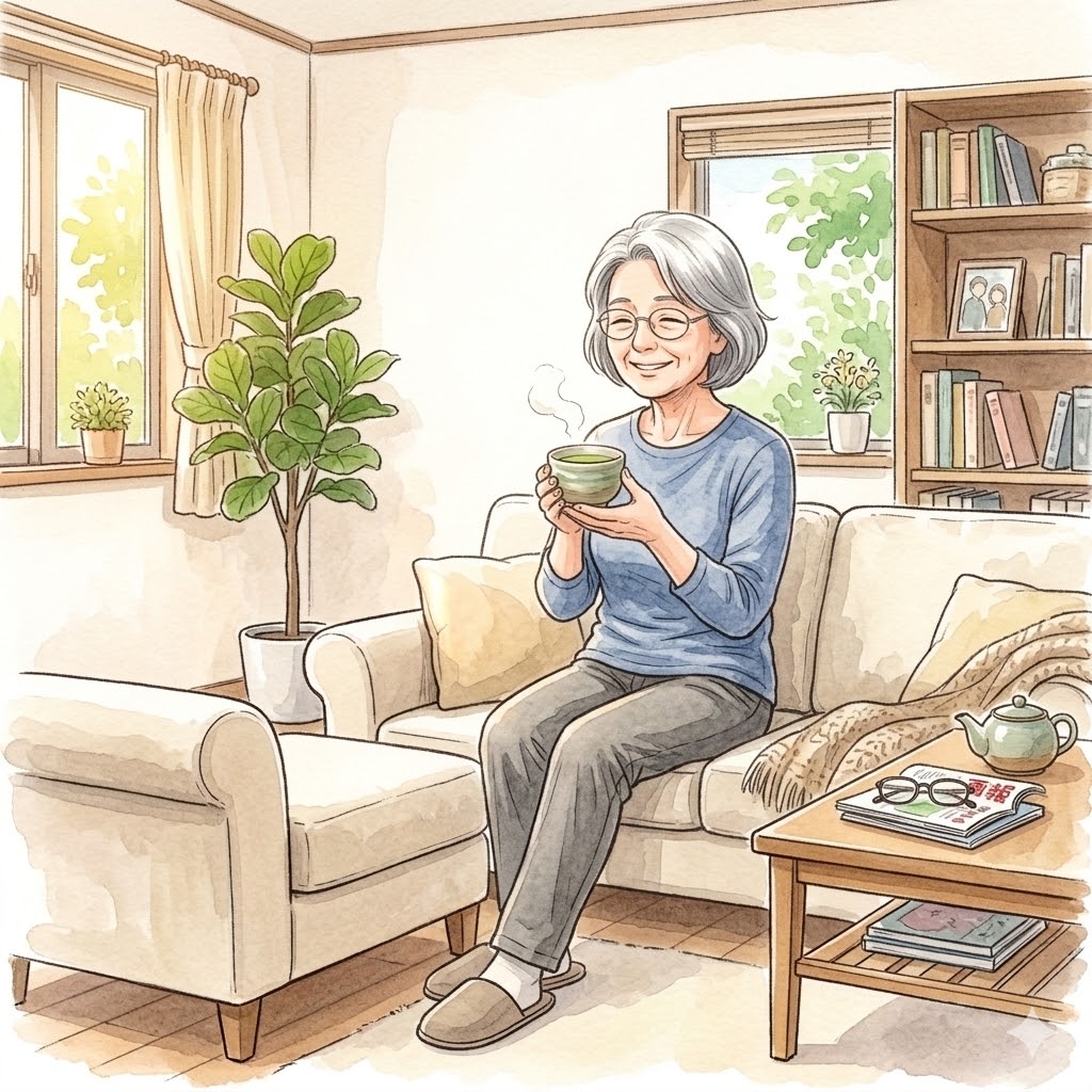 お茶を飲んでリラックスしている様子