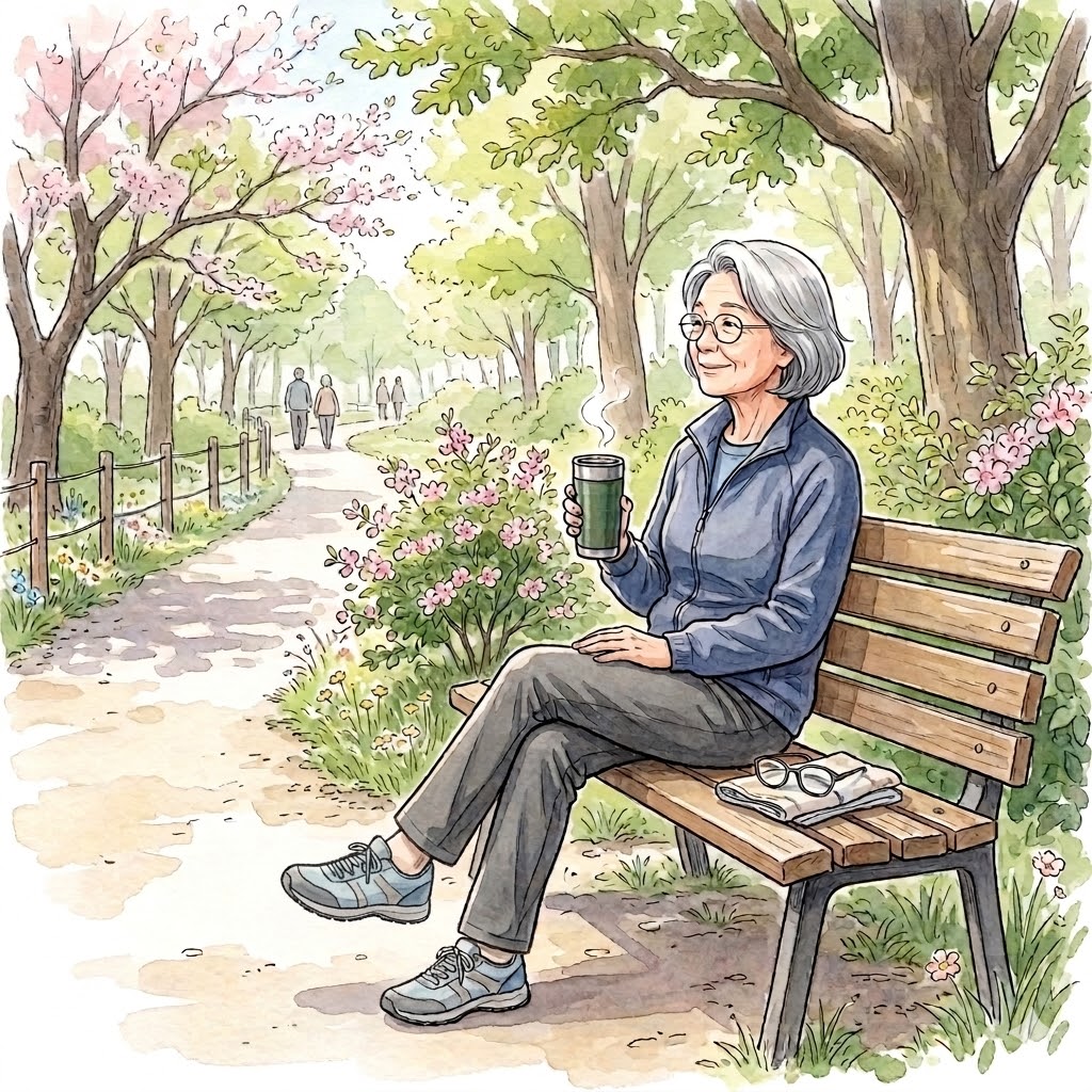 ベンチで休憩する女性