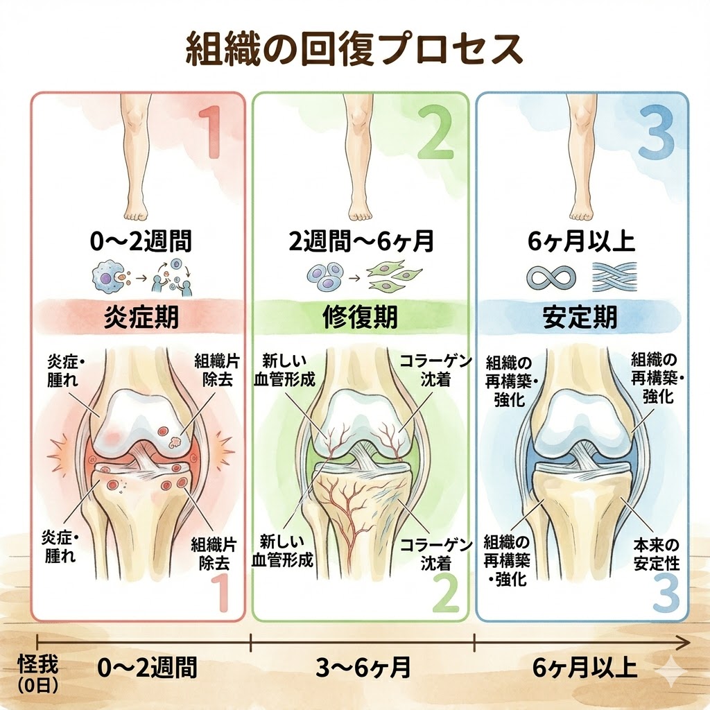 膝の組織が回復するまでの過程を示す図解