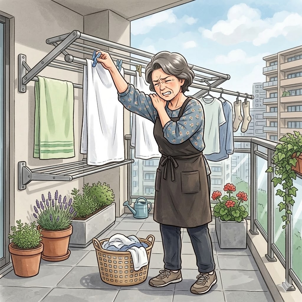 洗濯物を干す際に肩が痛い様子