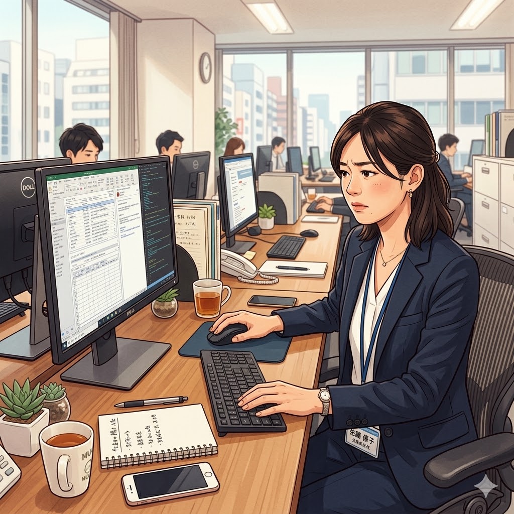 デスクワークで固まった手首が首こりの原因になっている様子