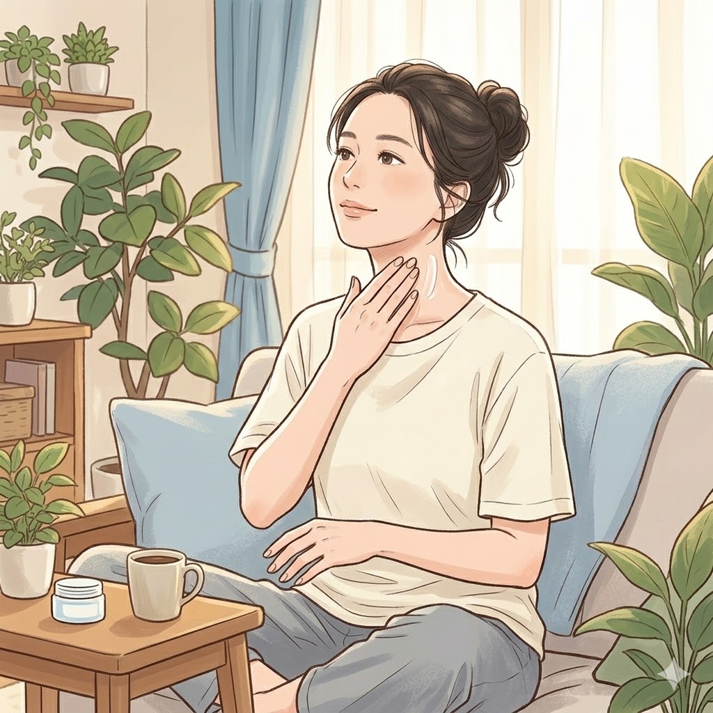 首にクリームを塗る女性