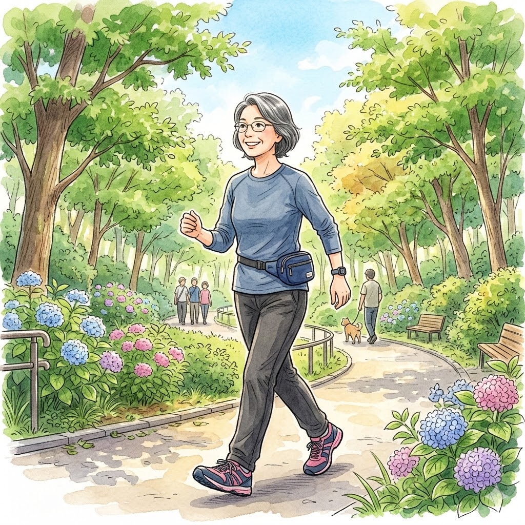 仲町台の緑道でウォーキングを楽しむ様子