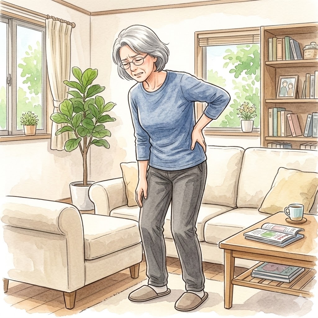 ウォーキング後に腰痛を感じている様子