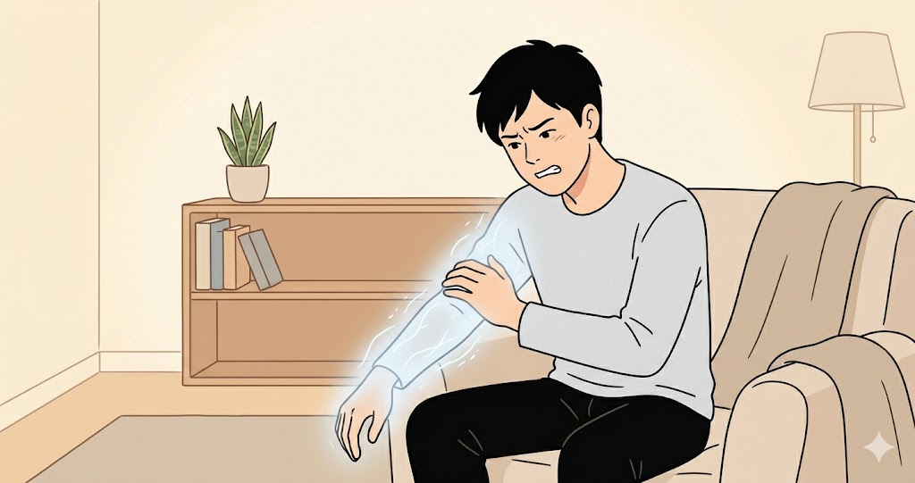 腕が痺れている男性の様子