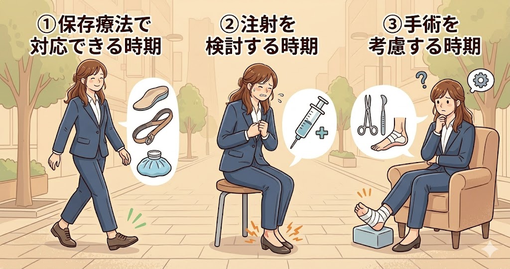 足底筋膜炎は、痛みの程度や経過の様子