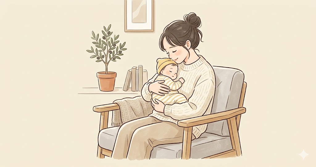 抱っこによる手首の痛みや巻き肩に悩む育児中の方のイメージ