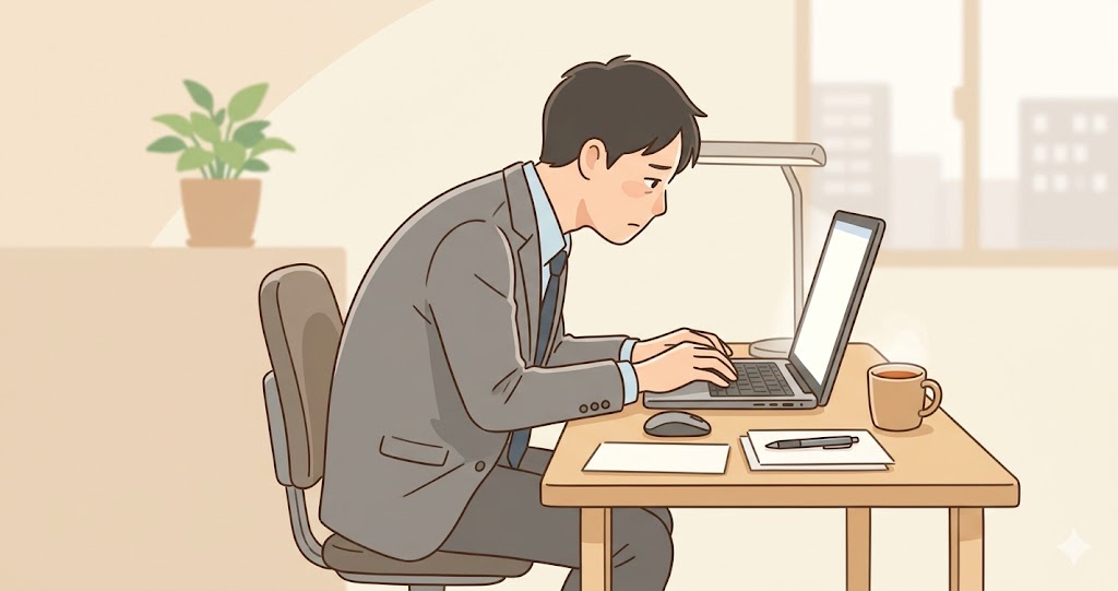 デスクワークで猫背になり背中と胃腸の不調を感じている方のイメージ