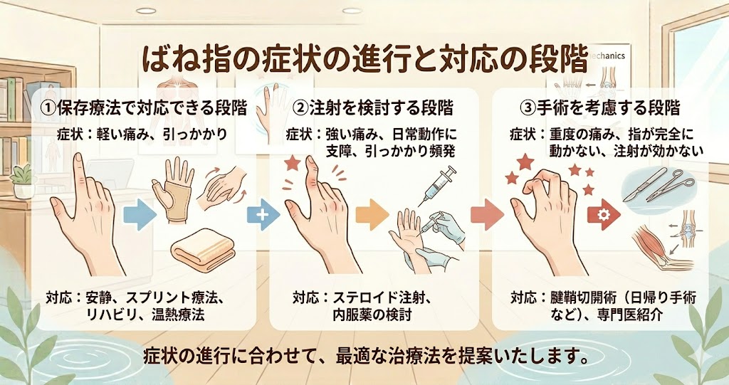ばね指の症状の進行と対応のイメージ