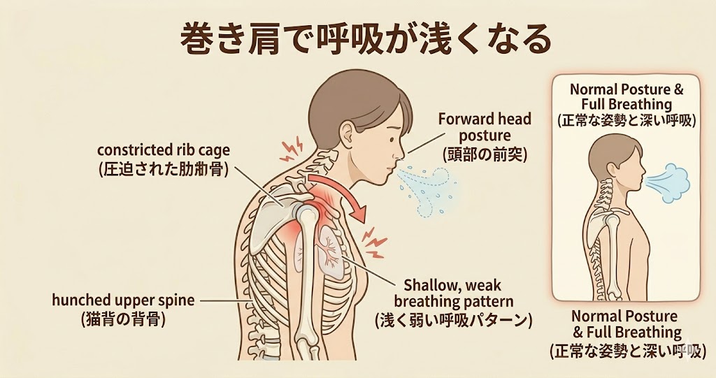 巻き肩で呼吸が浅くなっている様子
