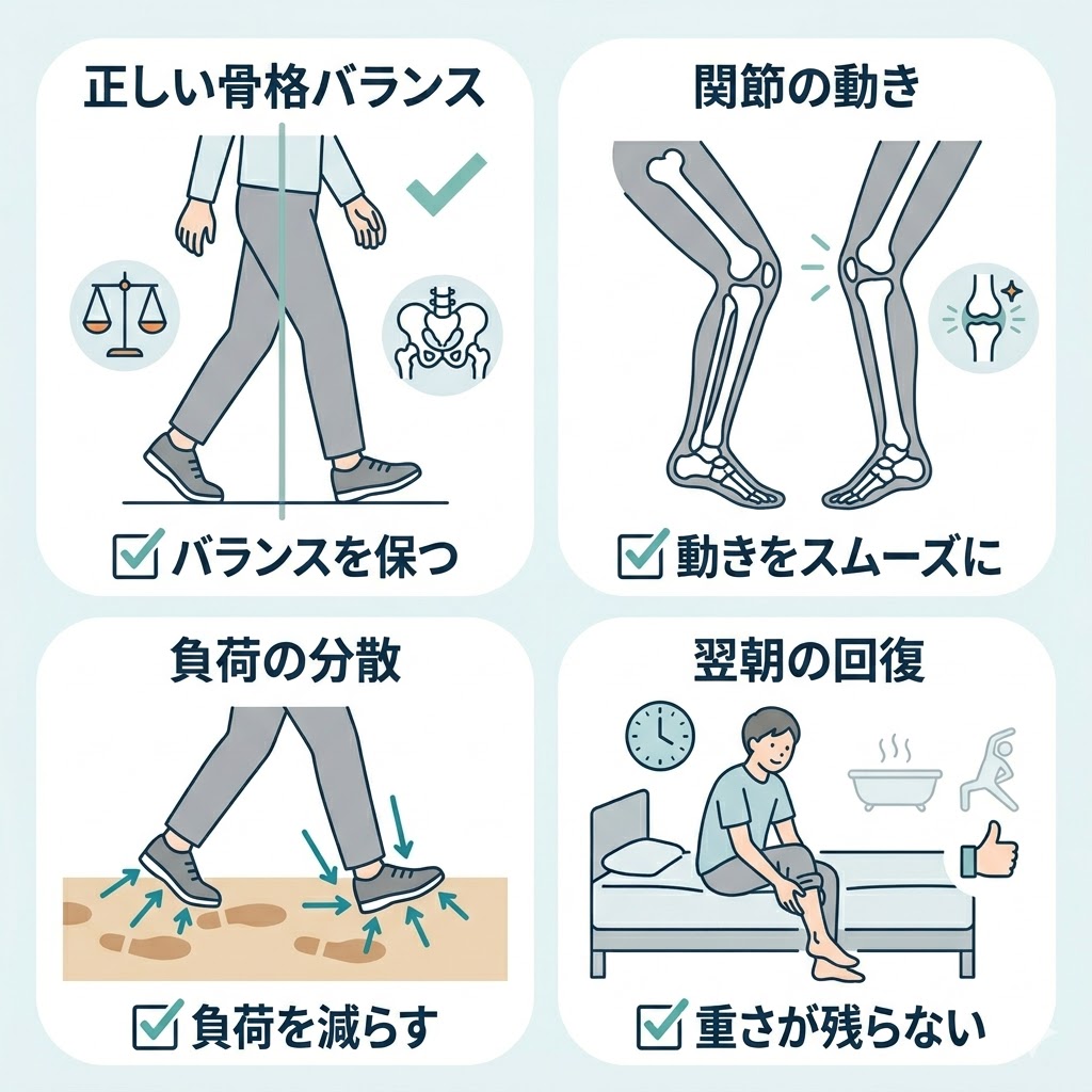 レジャー後に骨格の歪みが痛みとして表面化する理由の図解