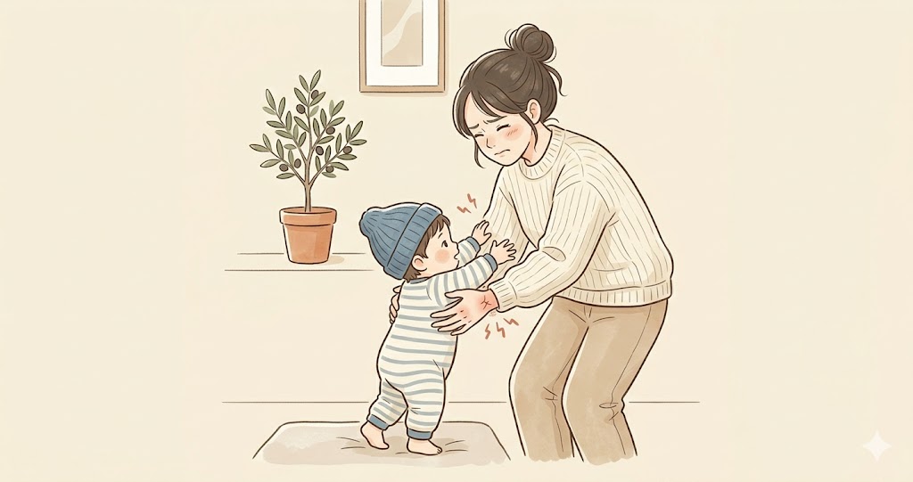 子供を立っこする際に手首が痛い様子