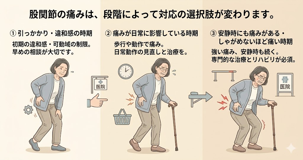 股関節の痛みの進み方と対応のイメージ