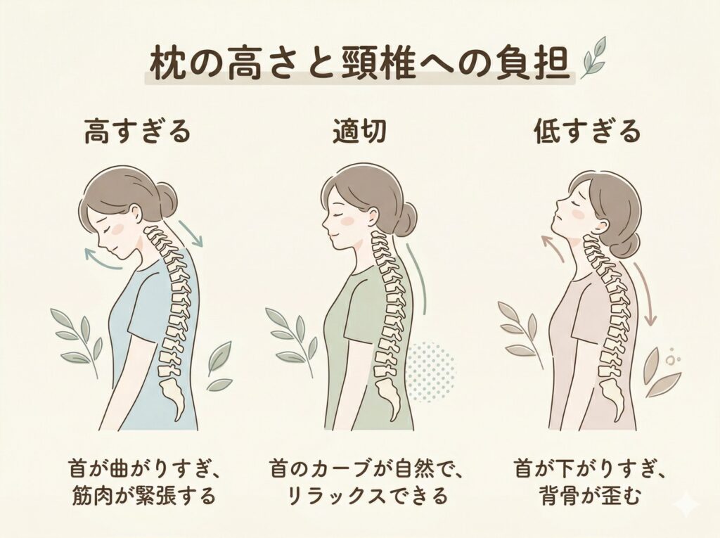 枕の高さと頸椎への負担を示す図解