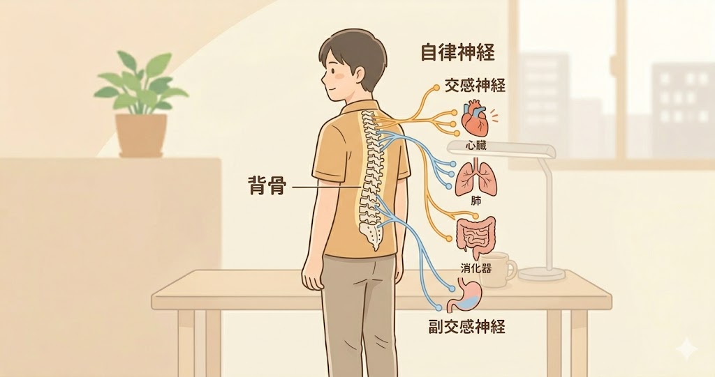 背骨の歪みと自律神経・胃腸の関係を示す図解