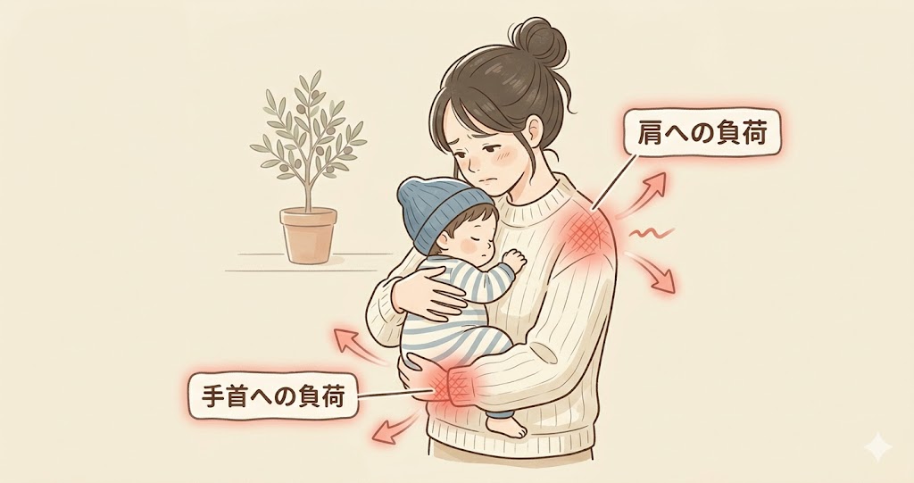 抱っこによる手首と肩への負担を示す図解