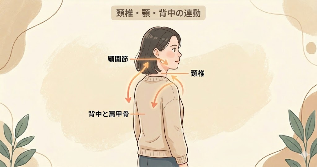 頸椎・顎・背中の連動を示した身体の図