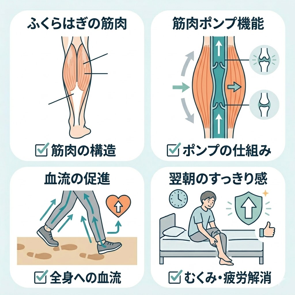 ふくらはぎの筋肉と血流の関係を示す図解
