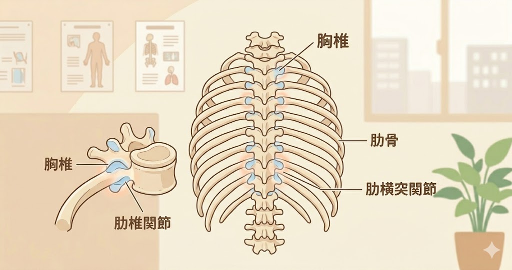 胸椎の歪みと神経圧迫の関係を示す図解