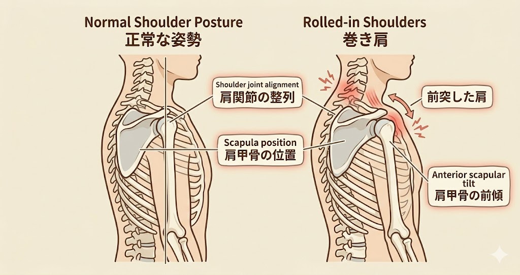 巻き肩と肩甲骨の位置関係を示す図解