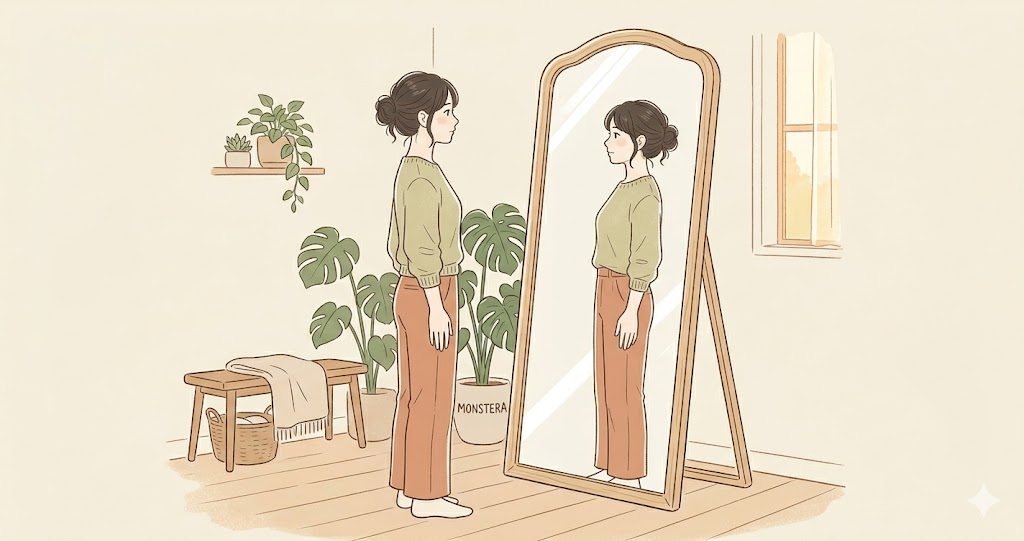 鏡の前で姿勢を確認している女性のイメージ写真