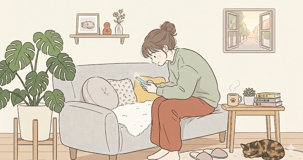 猫背でスマホを見ている女性の様子