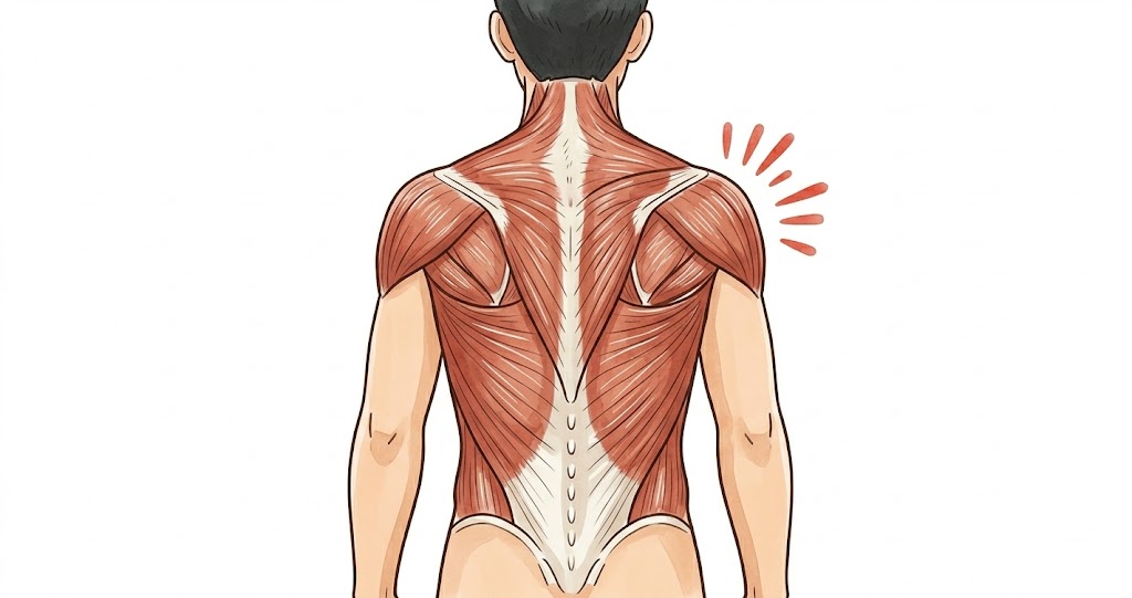 広背筋が腕の骨から骨盤まで繋がっている解剖学的イラスト
