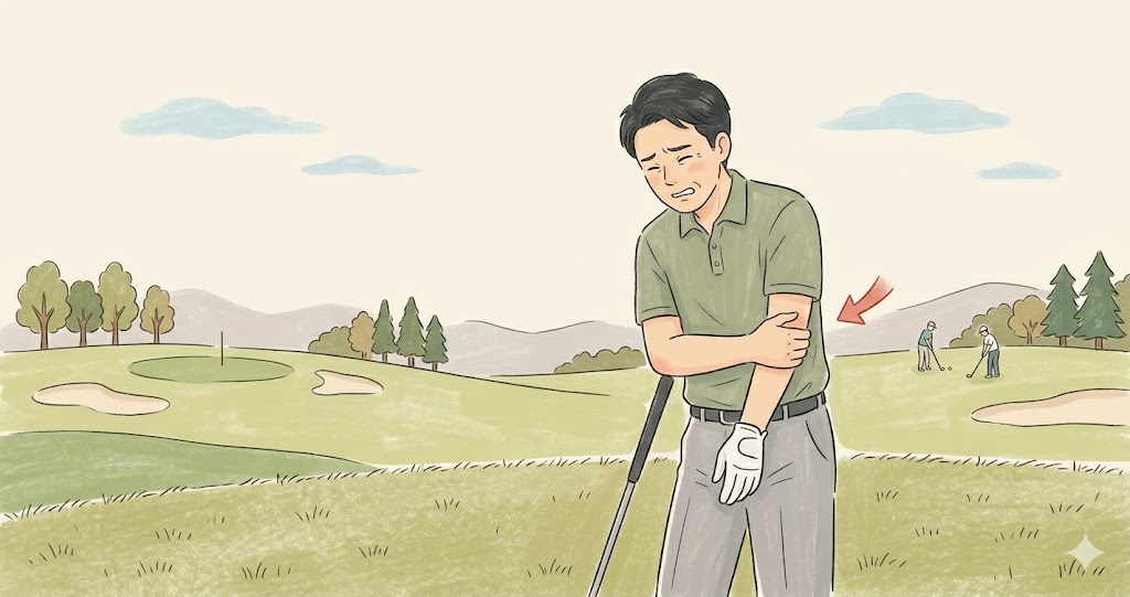 ゴルフで肘を痛めた男性の様子