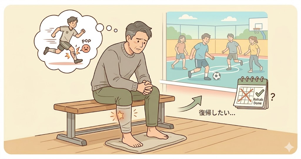 肉離れ後に怪我が怖くてスポーツ復帰できない状態のイメージ