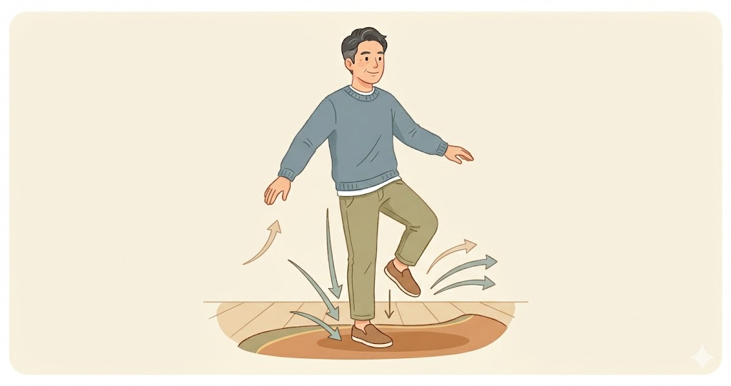 怪我後に全力で動けない原因を示す片足立ちのチェックイラスト