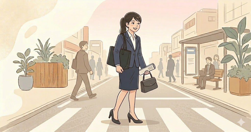 笑顔で歩いている女性の様子