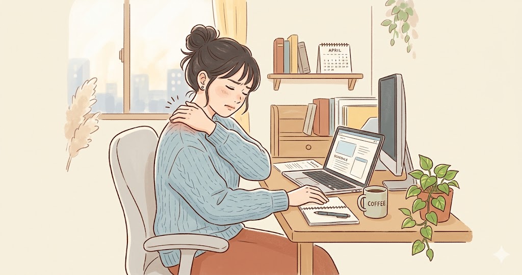 疲労を感じていないのに肩こりや目の霞みが続く女性のイメージ