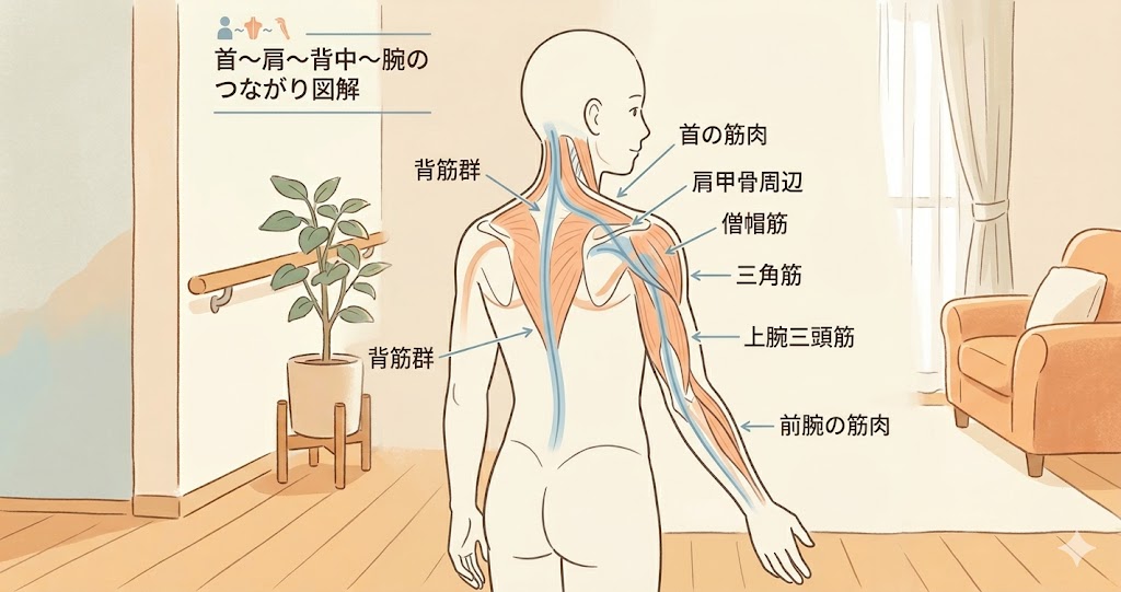 介護疲れで緊張しやすい首・背中・肘のつながりを示す図解