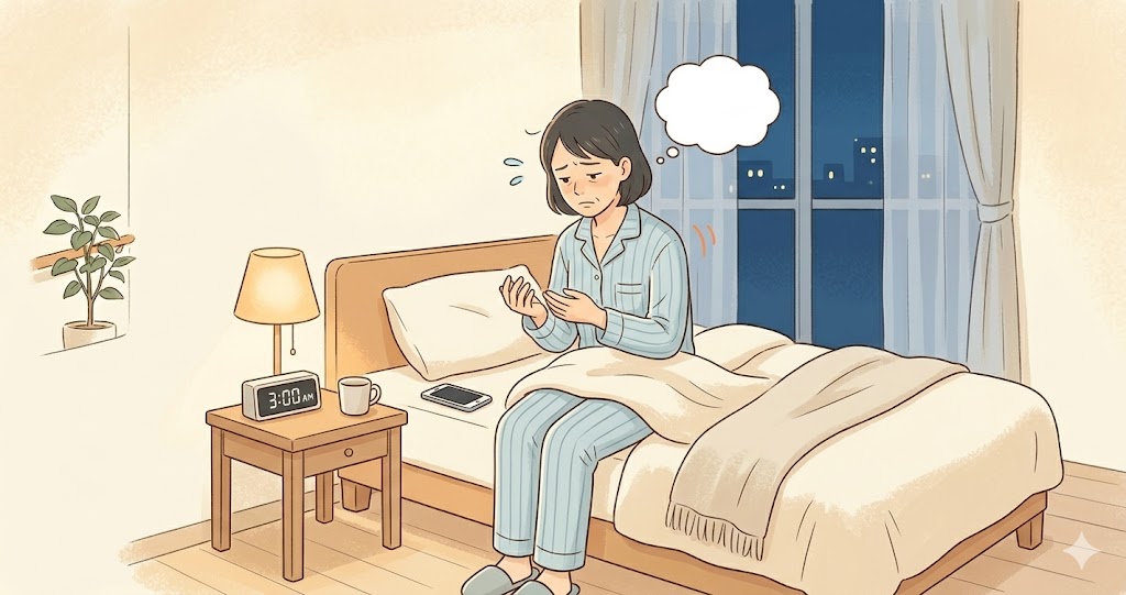 夜中に目が覚めてしまう女性の様子