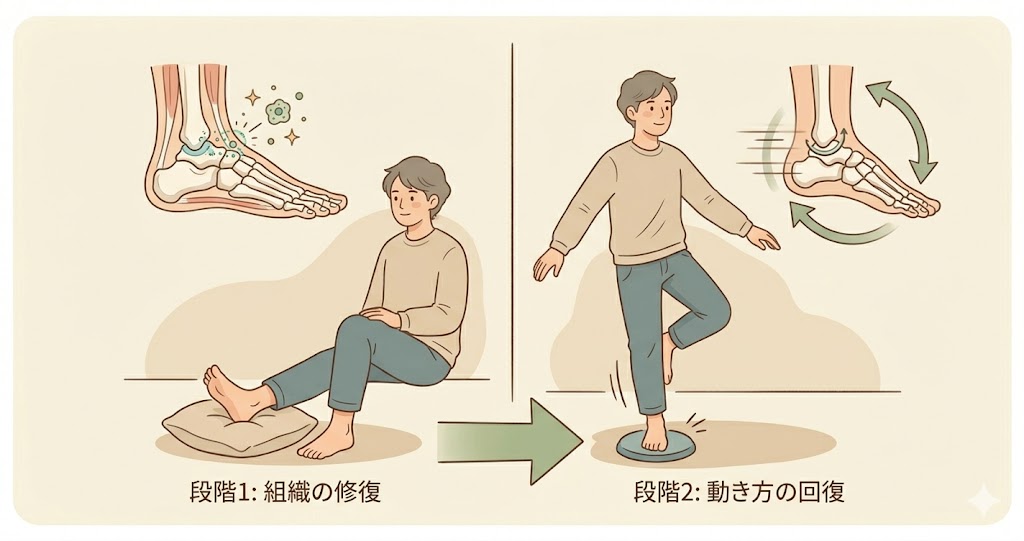 怪我後の回復2ステップ(組織修復と動き方回復)の図解