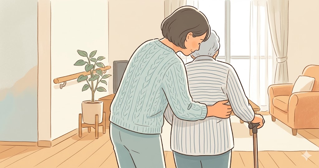 介護中に肘の痛みとめまいを感じる女性のイラスト